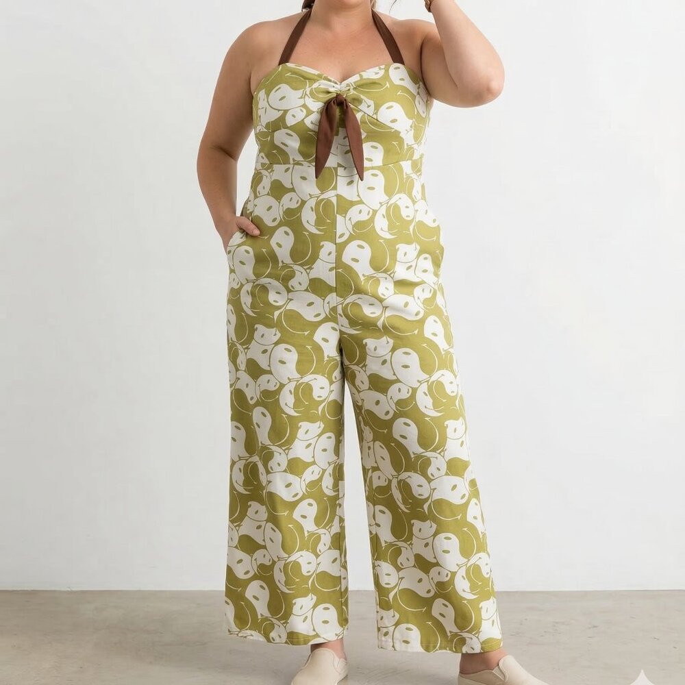 Unique Vintage x Smiley Jumpsuit Green Halter Wide Leg Smiley Face 2XL